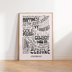 Taylor Evermore Tracklist Poster, Hand-Lettered Album Art, Taylor Swiftie Merch, Gift for Swiftie, Taylor Poster, Swift Poster