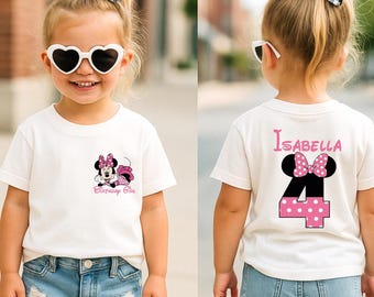 Camiseta personalizada de Minnie Mouse para niña, camiseta personalizada de cumpleaños de Disney Minnie, camiseta personalizada con nombre y edad, traje rosa para fiesta de cumpleaños de Minnie.