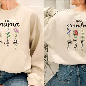 Custom First Mom Now Grandma Hoodie, Personalized Kids Name Sweatshirt for New Grandma, Mom's Garden Kids Birth Month Flower Sweater Hoodie