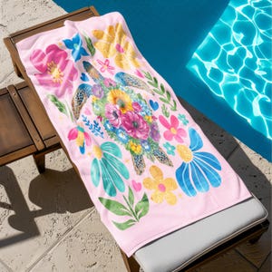 Boho Sea Turtle Beach Towel,Colorful Floral Summer Towel,Tropical Pool Towel for Women & Girls,Hippie Coastal Gift Idea,Hello Summer