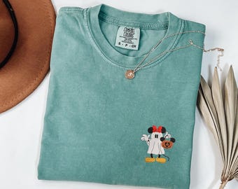 Comfort Colors® Minnie Mouse Embroidery Halloween Shirt, Disney Spooky Season Tee, Cute Pumpkin Minnie Top, Disney Family Matching Outfit
