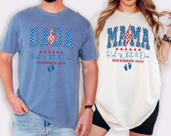 Comfort Colors® Red White & Due Couple Shirts, Patriotic Pregnancy Announcement, Mom Dad To Be Matching Shirts, Baby Due 2026 Reveal Outfit