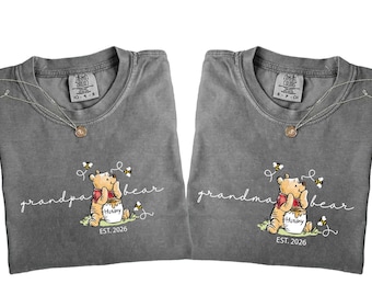 Camisetas personalizadas de la familia de osos Winnie the Pooh de Comfort Colors®, camiseta para abuela, mamá y papá, regalo para baby shower, anuncio de embarazo, camisetas a juego para cumpleaños