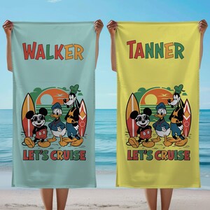 Let’s Cruise Disney Beach Towel,Personalized Mickey Donald Goofy Towels, Family Group Vacation,Custom Name Cruise Gift