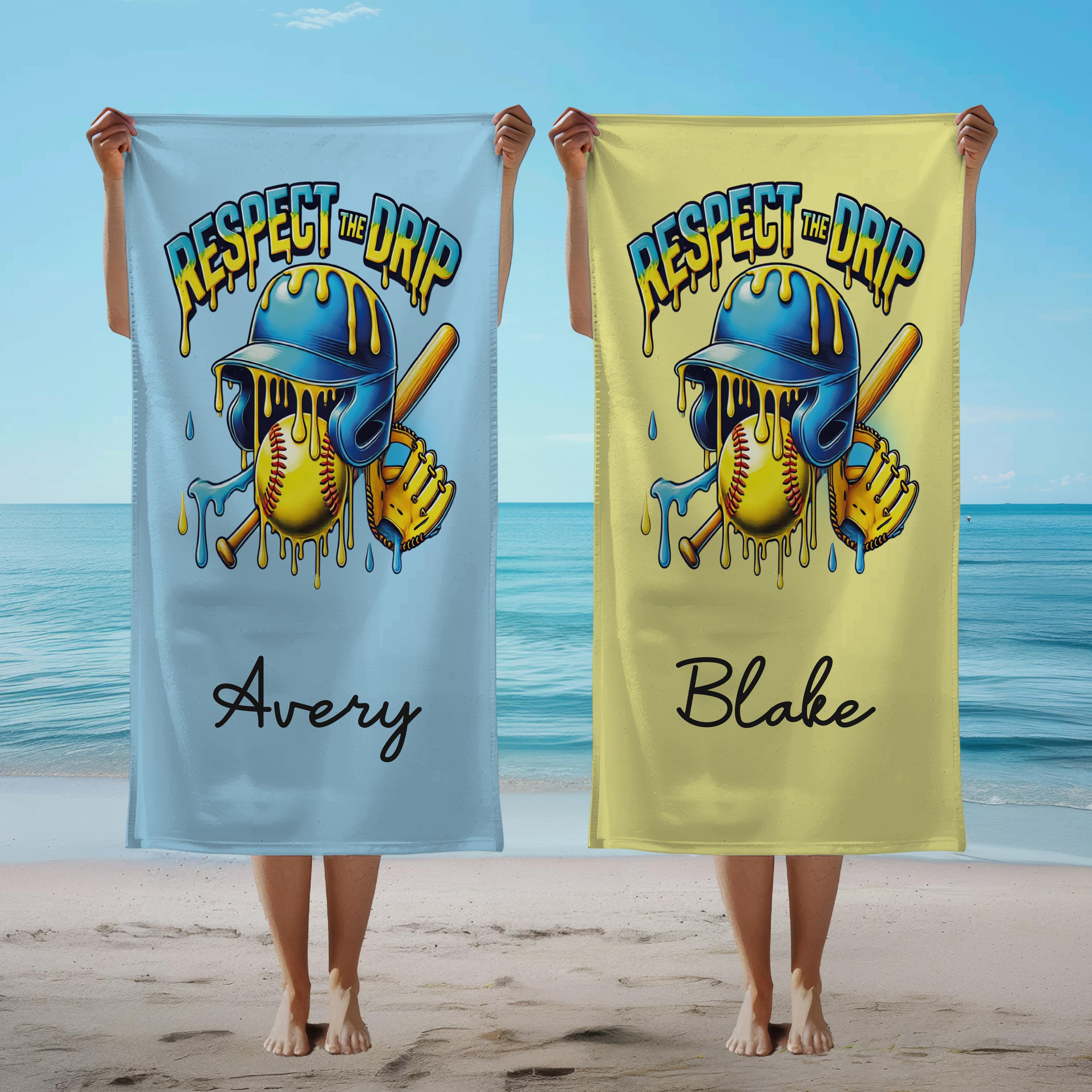 Personalized Softball Beach Towel - Custom Name Grey Towel For Softball Lovers, 30x60 Inches