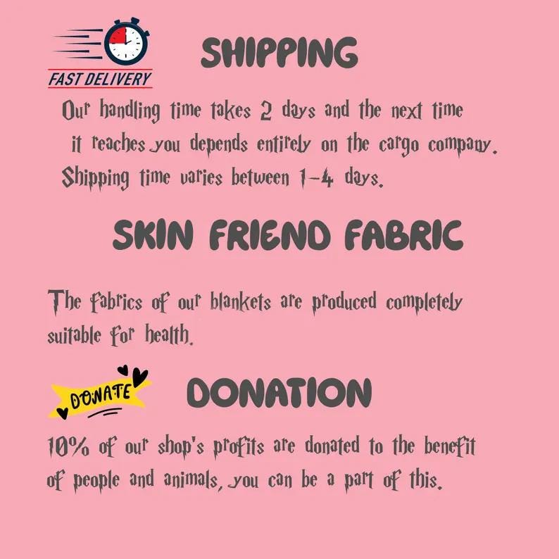 Puede incluir: Gr&aacute;fico rosa con texto sobre env&iacute;o, tejido respetuoso con la piel y donaciones. El texto incluye "FAST DELIVERY" con un icono de reloj, "SHIPPING", "SKIN FRIEND FABRIC" y "DONATION". La imagen indica que el 10% de los beneficios se donan.