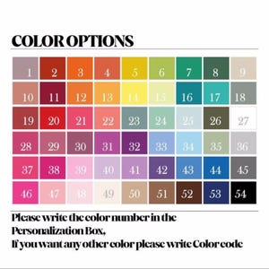 Puede incluir: Una carta de colores con 54 opciones numeradas, que van desde tonos neutros hasta tonos vibrantes. El texto "COLOR OPTIONS" est&aacute; en la parte superior. Se proporcionan instrucciones para escribir el n&uacute;mero de color en el cuadro de personalizaci&oacute;n o especificar un c&oacute;digo de color.