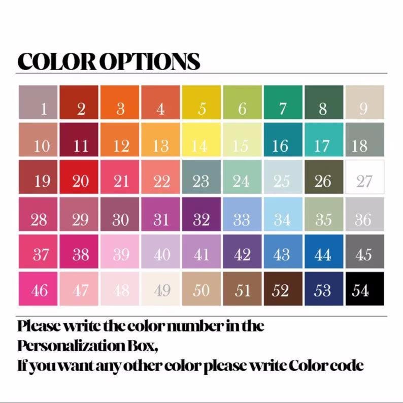 Puede incluir: Una carta de colores con 54 opciones numeradas, que van desde tonos neutros hasta tonos vibrantes. El texto "COLOR OPTIONS" est&aacute; en la parte superior. Se proporcionan instrucciones para escribir el n&uacute;mero de color en el cuadro de personalizaci&oacute;n o especificar un c&oacute;digo de color.