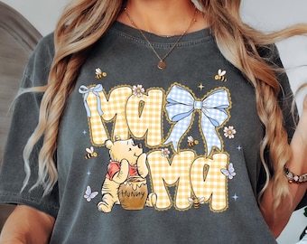 Comfort Colors® Mama Bear Shirt, Disney Mama Shirt,Winnie the Pooh Mama Bear Bow Gingham Shirt, Coquette Mom Tee,Honey Bear Mothers Day Gift