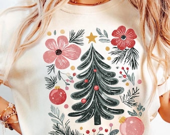 Comfort Colors® Distressed Boho Retro Floral Christmas Tree Sweatshirt,Vintage Christmas Shirt,Bohemian Holiday Shirt,Xmas Tree Shirt