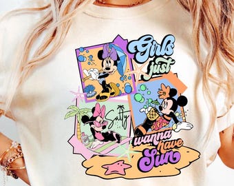 Camiseta Disney Girls "Just Wanna Have Sun" de Comfort Colors®, camiseta estampada de verano de Mickey Mouse, bonita camiseta para vacaciones en la playa para mujeres y adolescentes
