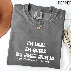 May include: A gray Comfort Colors t-shirt with the text "I'M HERE I'M QUEER MY JOINT PAIN IS moderate to severe" in white. A gold pendant necklace and a brown hat are visible. The shirt is folded.