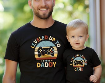 Leveled Up T-Shirt,Leveled Up to Daddy Player 2 Shirt Set,Dad and Baby Matching Shirts,Daddy to be Shirt,Funny Fathers Day Shirt Gift