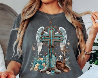 Comfort Colors® Western Christian Shirt,Cross with Angel Wings & Cowboy Boots,Inspirational Religious T-Shirt for Faith and Western Lovers