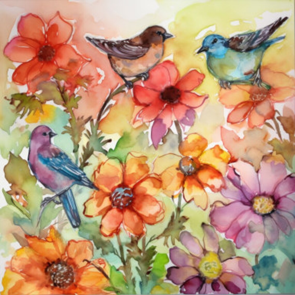 Birds and Flowers Watercolor Pattern - Etsy