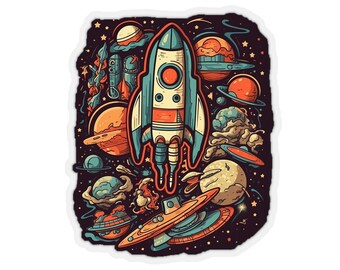 Könnte beinhalten: Eine farbenfrohe Illustration eines Raumschiffs, das durch den Weltraum fliegt, umgeben von Planeten, Sternen und anderen Himmelskörpern. Die Rakete ist blau, weiß und rot und hat ein großes, rundes Fenster. Die Planeten sind in verschiedenen Farben, darunter orange, grün und blau. Die Sterne sind weiß und gelb. Der Hintergrund ist schwarz.