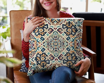 Uzbek Suzani Pattern Square Pillow. Oriental Uzbek Traditional Suzani Tile Polyester Pillow for Home Decoration.Uzbek Ikat Pillow Gift Idea