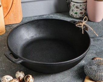 32x6cm Cast Iron Platter-Pan for Off-grid. Handmade Oval Cast Iron Pan. Serving Skillets Pans for Cooking & Baking