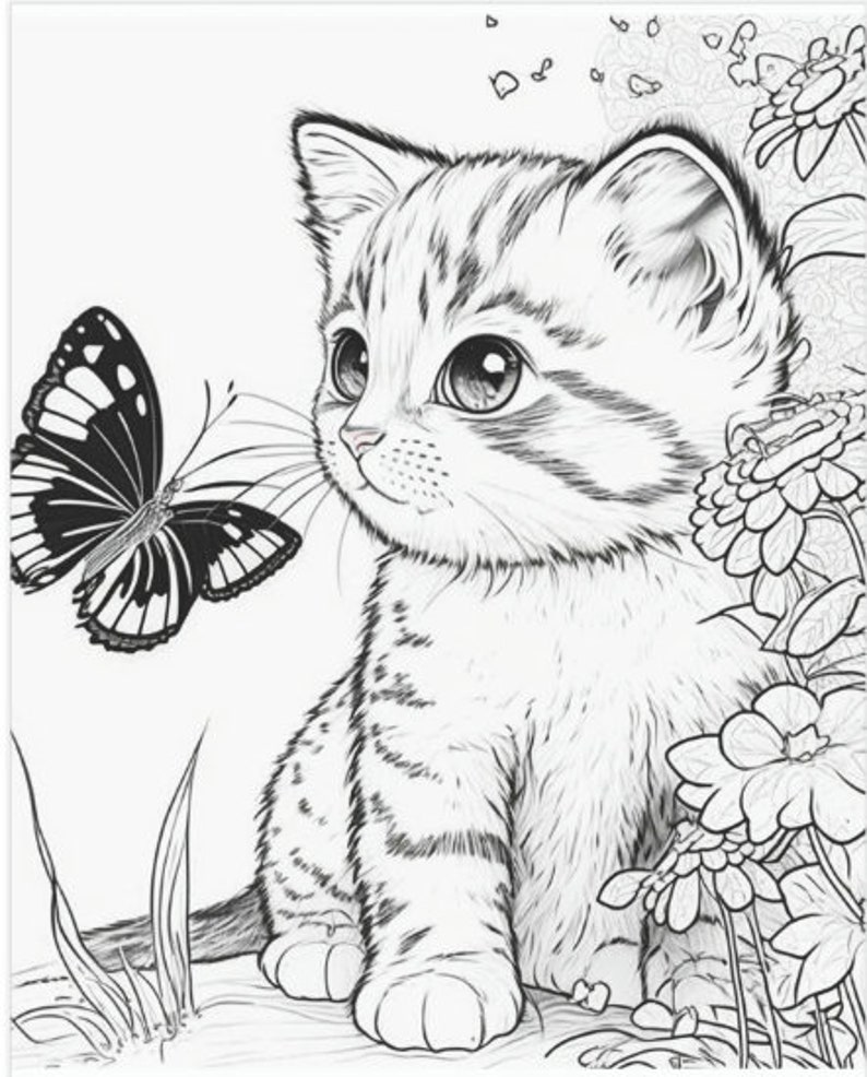 Kitten and Butterfly Coloring Sheet Printable Coloring Sheet - Etsy