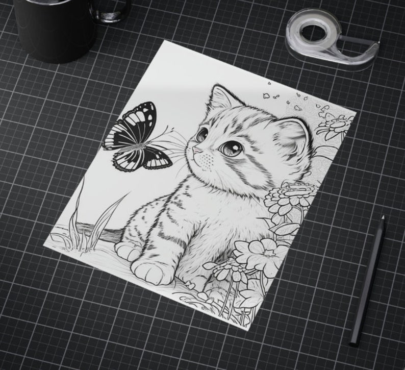 Kitten and Butterfly Coloring Sheet Printable Coloring Sheet - Etsy