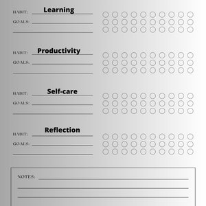 May include: A black and white habit tracker with the title "Habit Tracker" and the text "One step at a time, you'll get there."  The tracker is divided into four sections: Learning, Productivity, Self-care, and Reflection. Each section has a space for goals and a grid of 30 circles for tracking habits.