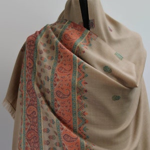 Large Beige Multicoloured Kashmiri Pashmina Jaquard Design Shawl, Winter Wrap (40x80 inches)