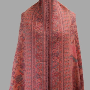 Large Peach   Pashmina Kaani Embroidered  Shawl, Winter Wrap (40x80 inches)