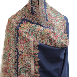 Blue   Pashmina Shawl: Embroidered Kaani Border, Soft Winter Wrap