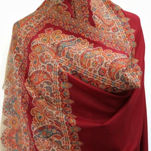 Red   Pashmina Shawl: Embroidered Kaani Border, Soft Winter Wrap