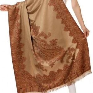 Large Beige   Jacquard Jamawar Design Pashmina Wool Shawl, Wrap(40x80 inches)