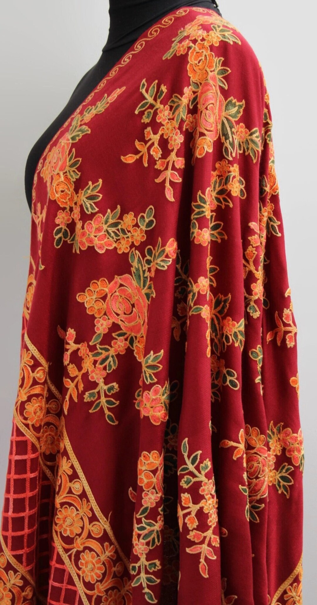 Maroon - Handwoven Aari Hand Embroidered Kashmiri Merino Wool Pheran with Palazzo Set 46
