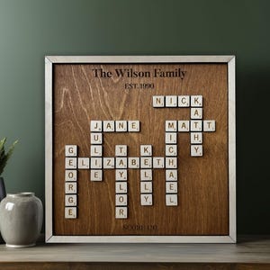 Marco de Scrabble personalizado con nombres de familia, regalo de Navidad, árbol genealógico, fichas de letras personalizadas, recuerdo de cumpleaños de abuelos