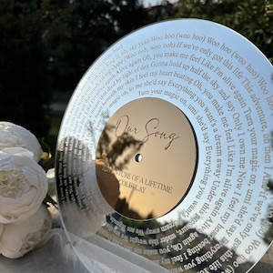 以下が含まれることがあります： 「Our Song」と「Adventure of a Lifetime」の文字が刻まれた、透明な円形の装飾品。デザインはレコード盤に似ており、縁には歌詞が書かれています。この作品は反射性があります。