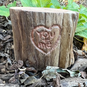 Custom Cedar Love Stump - Hand-Carved Heart Engraved “You + Me” Cedar Log