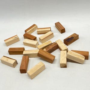 May include: A collection of small, rectangular wooden blocks in various shades of brown and tan. The blocks are scattered across a white surface, showcasing the natural wood grain and textures. These blocks could be used for crafts or building.