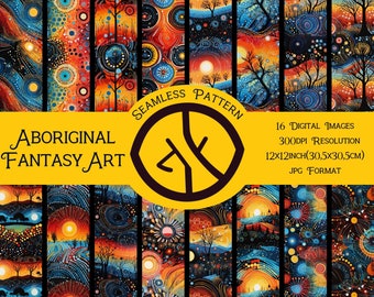 Bundle of 16 Aboriginal Fantasy Art Originals : 16 Aboriginal Seamless Patterns for Fabric, Aboriginal Dots Fabric, Aboriginal Dot Art