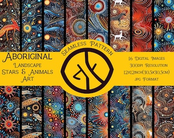 Bundle of 16 Aboriginal Art Originals, Landscape, Stars & Animals : 16 Aboriginal Seamless Patterns for Fabric, Aboriginal Dots Fabric Art