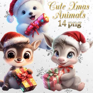 Paquete de 14 imágenes prediseñadas de animales navideños lindos PNG, imágenes prediseñadas de Navidad, imágenes prediseñadas de animales lindos, descarga digital instantánea, uso comercial ilimitado