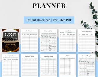May include: A collection of printable budget planner pages. The title "BUDGET PLANNER" is displayed at the top. The pages include sections for tax deductions, bi-weekly budgets, credit cards, retirement summaries, subscription trackers, investment trackers, net worth trackers, wishlists, and paycheck budgets.