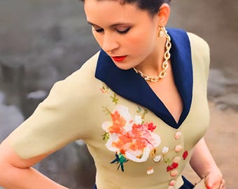 Modello di maglia per cardigan vintage, cardigan ricamato a maniche corte, anni '50 in formato PDF