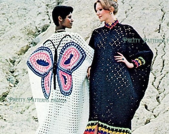 1970s Crochet Caftan Pattern: Butterfly & Striped Maxi Dress (PDF Digital)