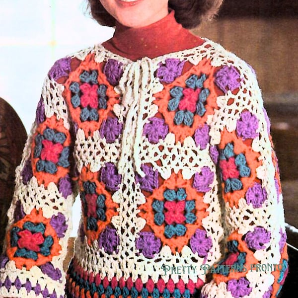 Boho Butterfly Granny Square Pullover Crochet Pattern Women 1970s Hippie Vintage Sweater Digital Download Ladies Peasant Blouse Multicolor