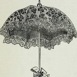 May include: A black and white illustration of a lace parasol with a bow at the handle.