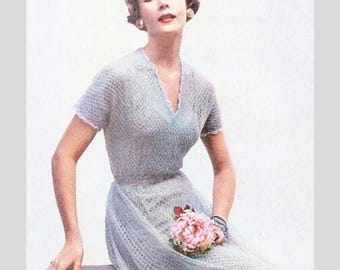 Modello per abito all'uncinetto anni '50 in formato PDF: abito vintage con scollo a V (download digitale)