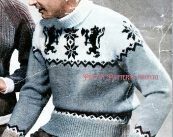 Lion Crest Fantasy trui Fair Isle trui vintage breipatroon preppy retro sneeuwvlok wintertrui heren tutorial direct downloaden