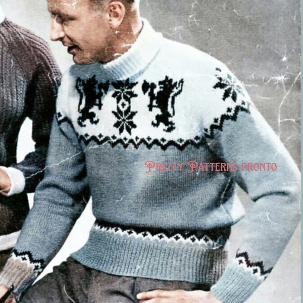 Lion Crest Fantasy Sweater Fair Isle Pullover Vintage Knitting Pattern Preppy Retro Snowflake Winter Jumper Mens Tutorial Instant Download