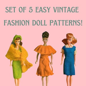 May include: Set of 5 easy vintage fashion doll patterns. Three dolls are shown wearing different knitted outfits: a green dress with a yellow shawl, an orange dress with a matching shawl, and a blue dress.
