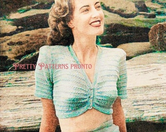 1940s Fashion Pin Up Vintage Blouse Knitting Pattern For Women Sweater Retro Ribbed Crop Top Bare Midriff Knitted Instant Digital Download