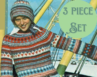 Nordic Sampler Sweater Striped Fisherman Iceland Ladies Traditional Style Knitting Pattern Winter Hat Chunky Legwarmers Set Digital Download