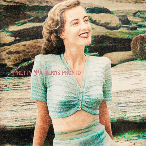 1940s Fashion Pin Up Vintage Blouse Knitting Pattern For Women Sweater Retro Ribbed Crop Top Bare Midriff Knitted Instant Digital Download